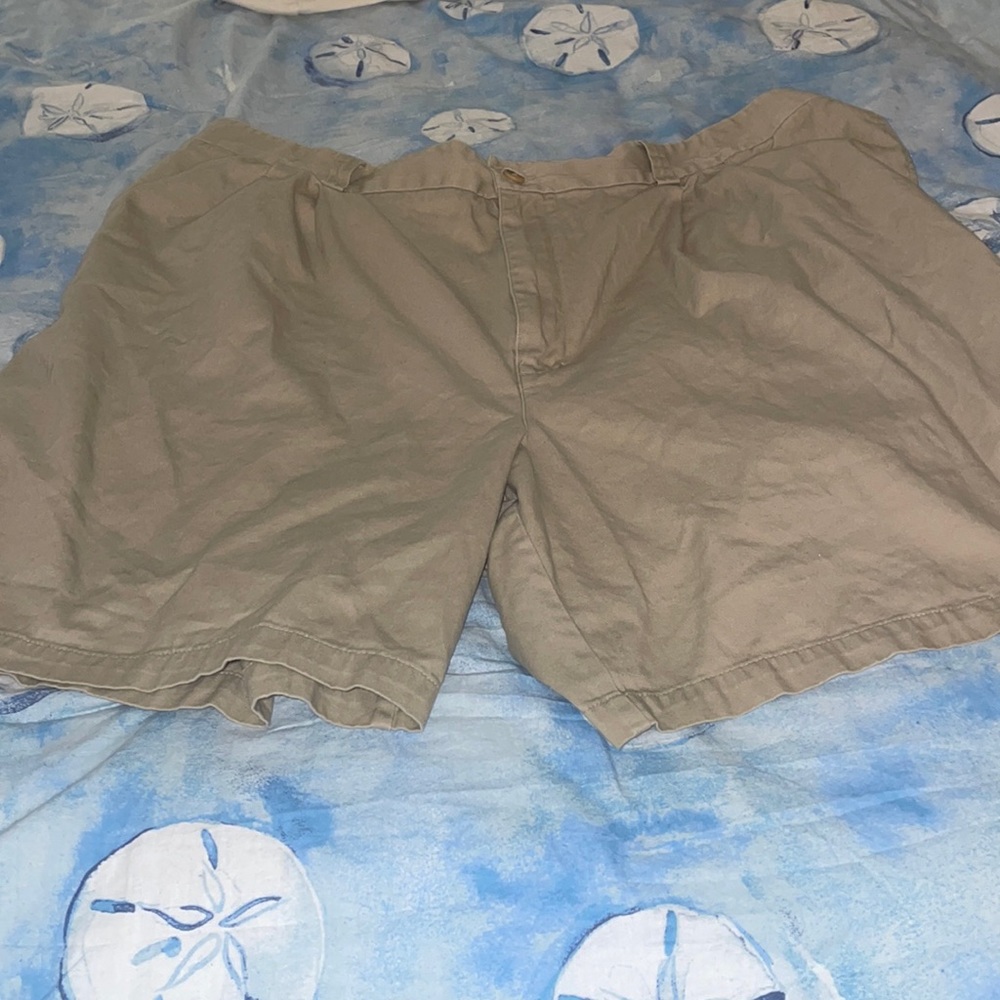 Beige shorts  Front side pockets zip fly. Looped waistband. Flat back pockets